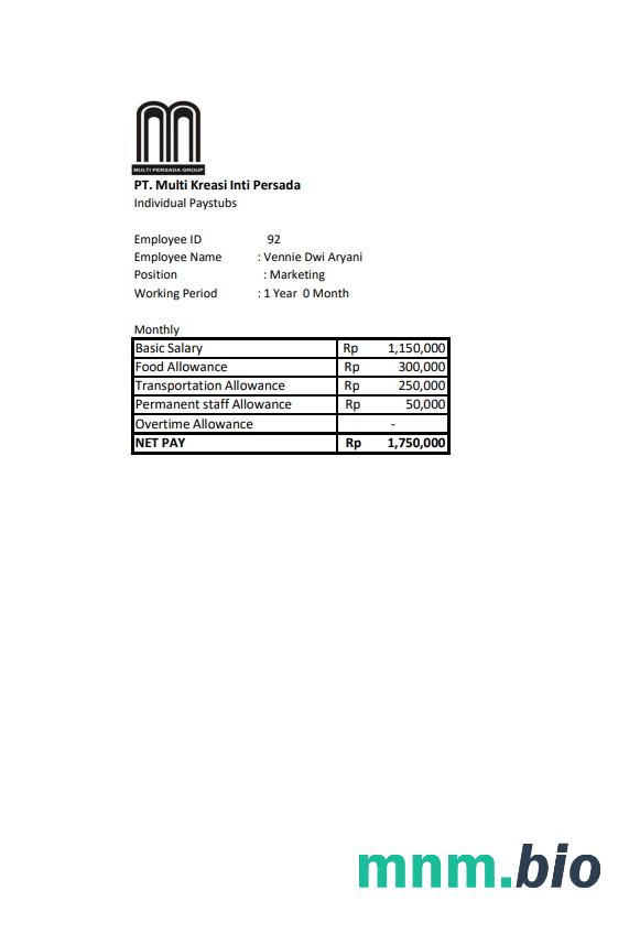 Pt. Multi Kreasi Inti Persada wynagrodzenie Pay stub Word and PDF template